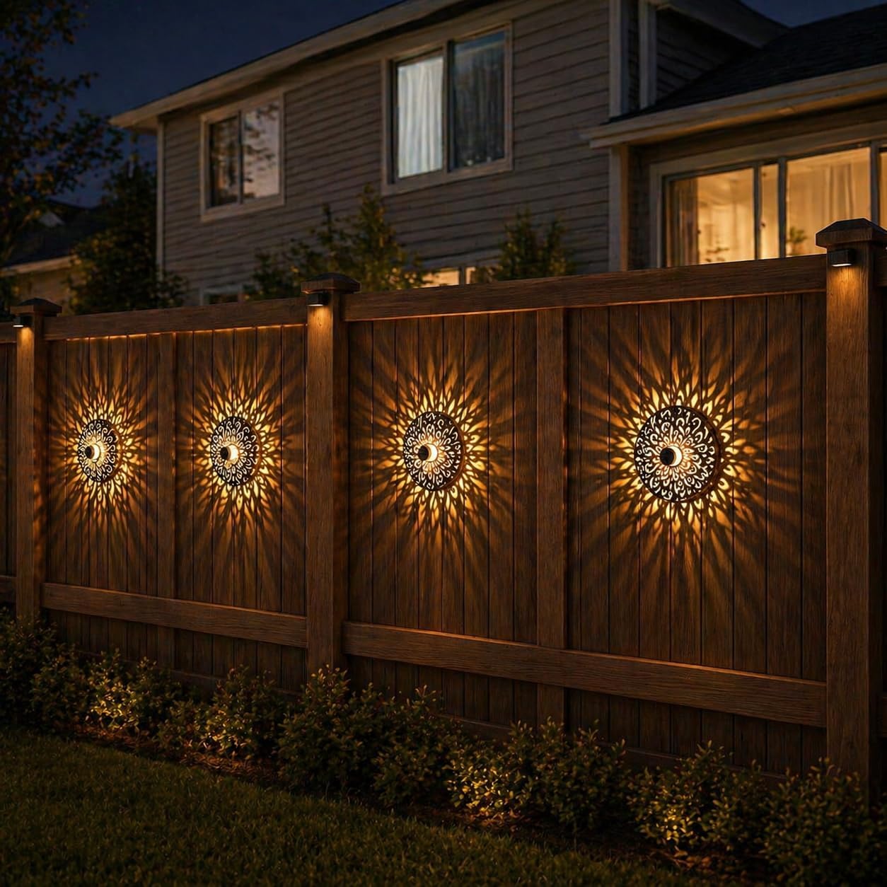 4 Pack Solar Fence Lights Mandala Pattern Solar Powered Deck Lights Waterproof Metal Wall Lights for Garden Patio Backyard Fence and Outdoor Decor