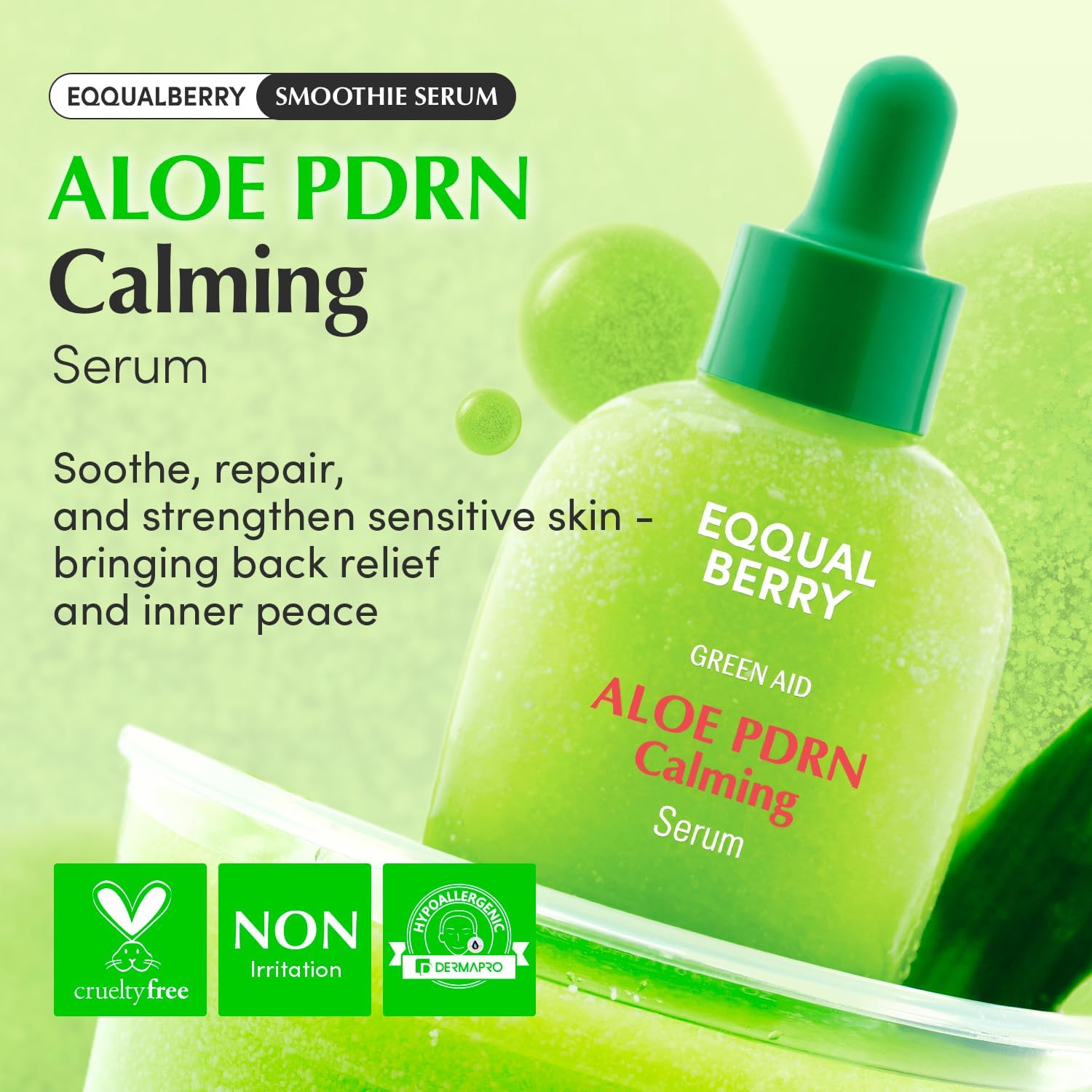 EQQUALBERRY Aloe PDRN Calming Smoothie Serum 30ml Aloe 5-CICA Soothing Serum with Ceramides Artemisia Lightweight Hydration Skin Care Comfort Support Daily