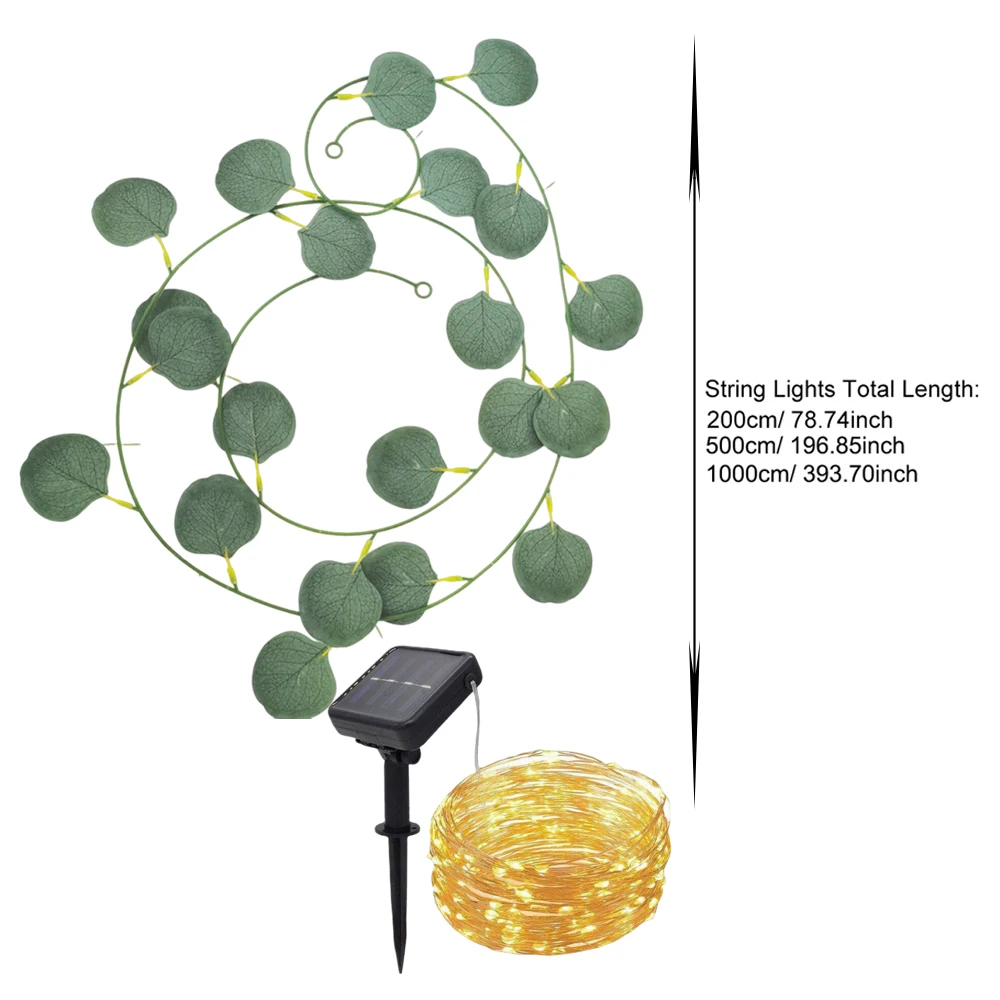 (2M 20LEDs) 1pc Solar Eucalyptus leaves String Lights, 20LED/ 50LED/ 100LED Artificial Vine Lights Garland Fairy String Lights