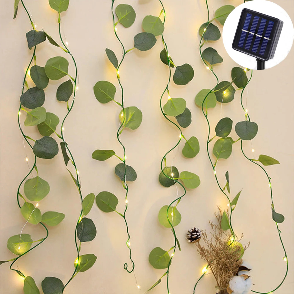 (2M 20LEDs) 1pc Solar Eucalyptus leaves String Lights, 20LED/ 50LED/ 100LED Artificial Vine Lights Garland Fairy String Lights