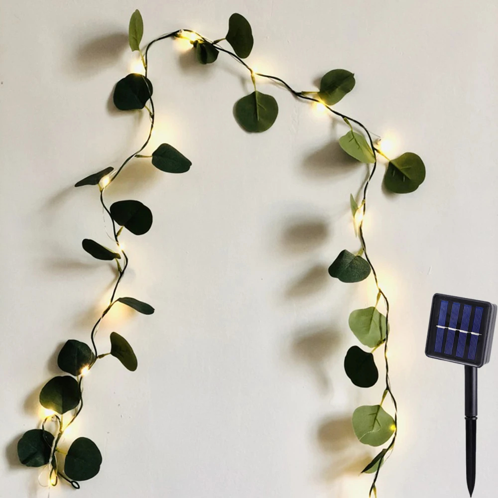 (2M 20LEDs) 1pc Solar Eucalyptus leaves String Lights, 20LED/ 50LED/ 100LED Artificial Vine Lights Garland Fairy String Lights
