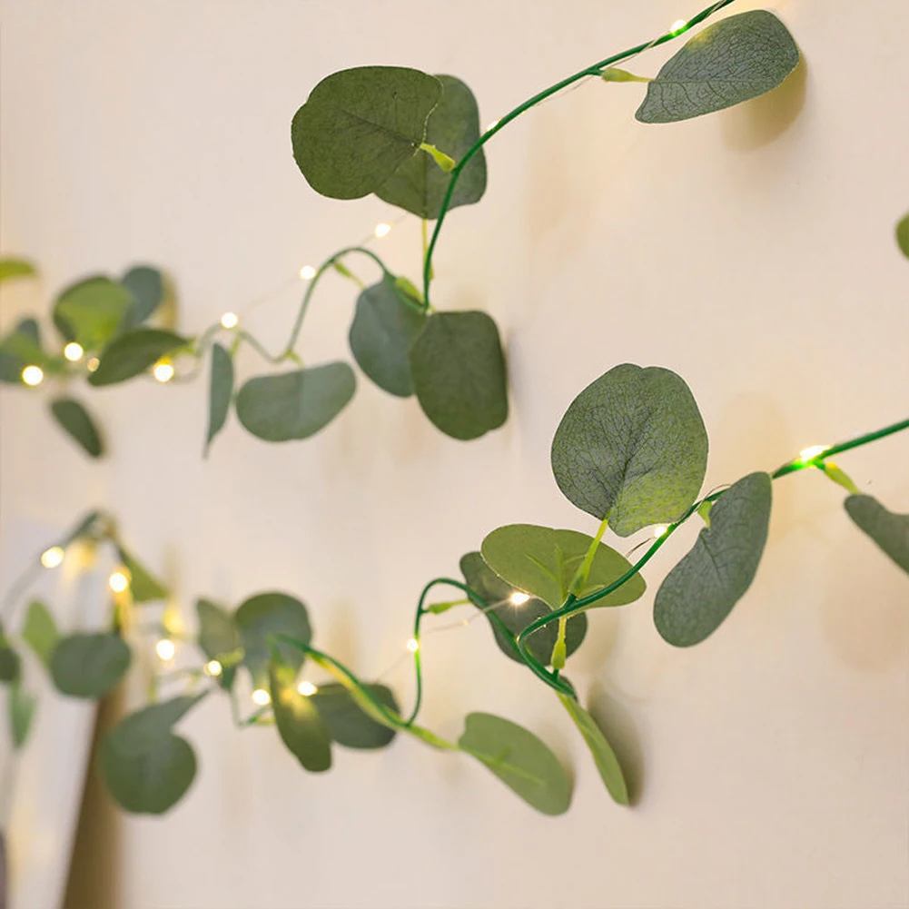 (2M 20LEDs) 1pc Solar Eucalyptus leaves String Lights, 20LED/ 50LED/ 100LED Artificial Vine Lights Garland Fairy String Lights