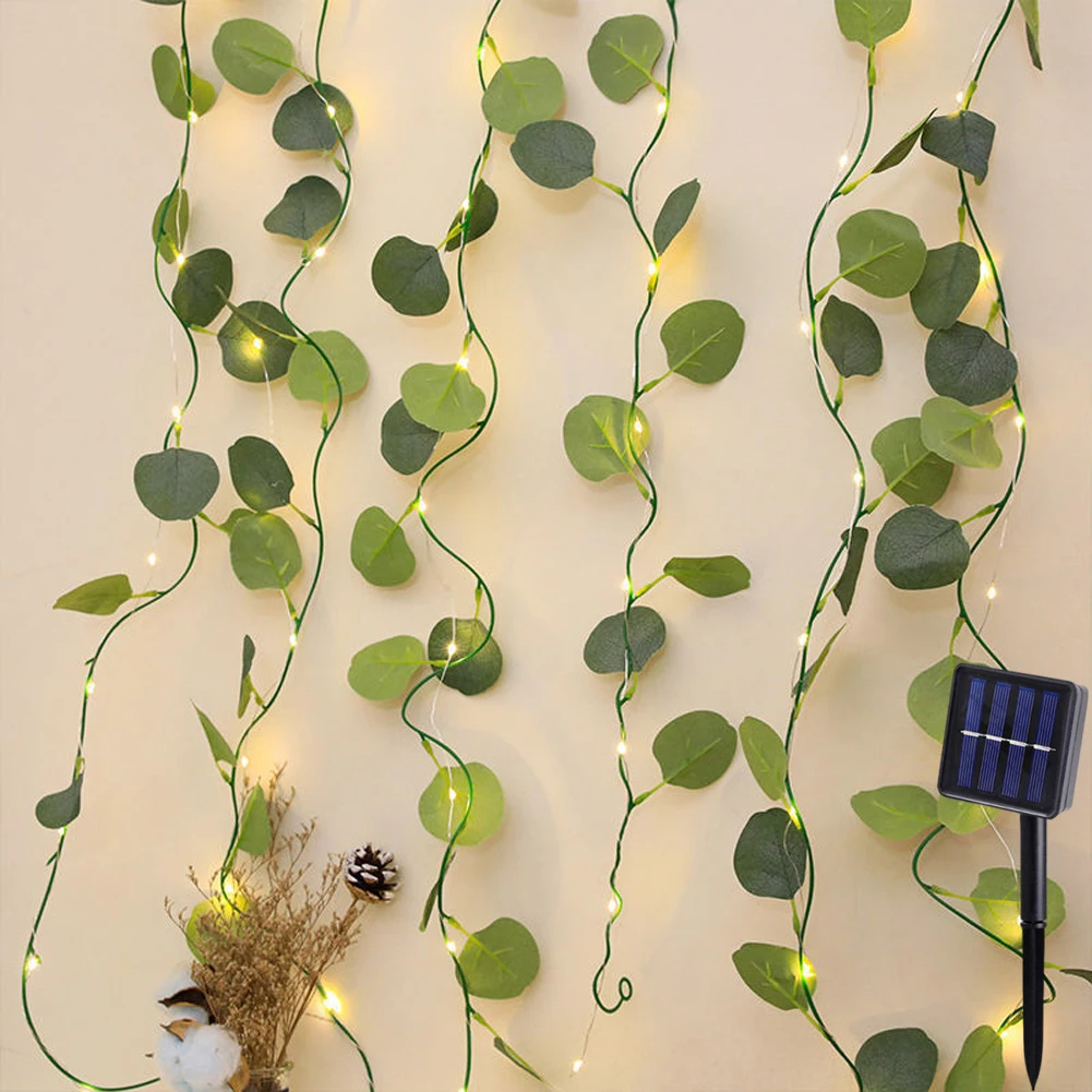 (2M 20LEDs) 1pc Solar Eucalyptus leaves String Lights, 20LED/ 50LED/ 100LED Artificial Vine Lights Garland Fairy String Lights