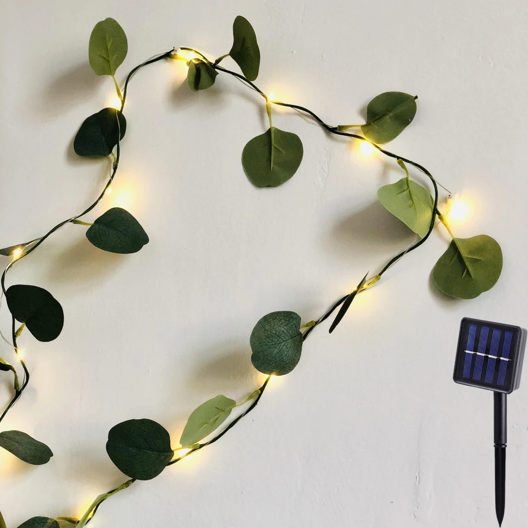 (2M 20LEDs) 1pc Solar Eucalyptus leaves String Lights, 20LED/ 50LED/ 100LED Artificial Vine Lights Garland Fairy String Lights
