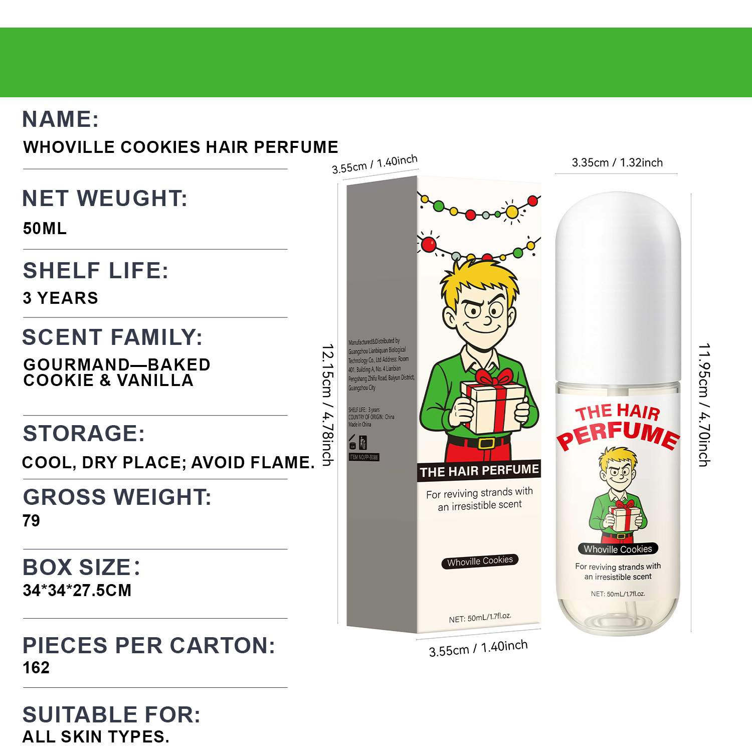 Green Monster X Fashion Hoff City Cookie Scent Hair Perfume Fragrance Mist For Daily Styling And Party Freshness