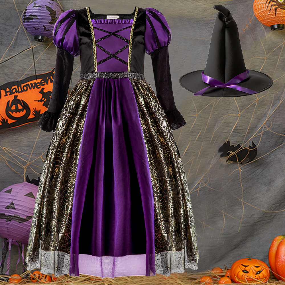 (160) Children Girl Witch Spider Outfit Halloween Cosplay Dress For Halloween Party