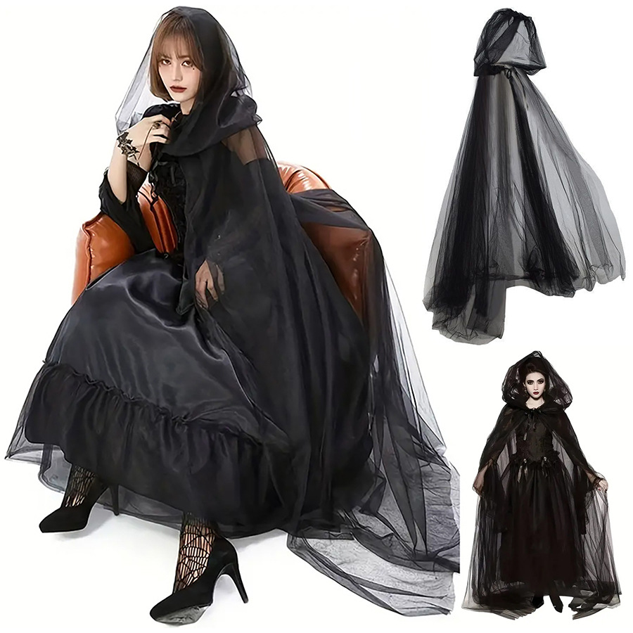 (White) Witch Grim Reaper Cloak Halloween Hooded Mesh Vampire Cape Cosplay Costume Role Play Christmas