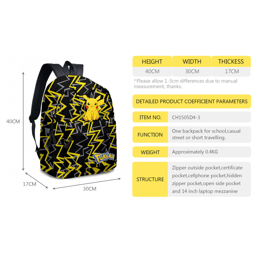 (02, 3PCS) Poku00e9mon Pikachu Backpack Lunch Bag Pencil Case Set Kids Gift