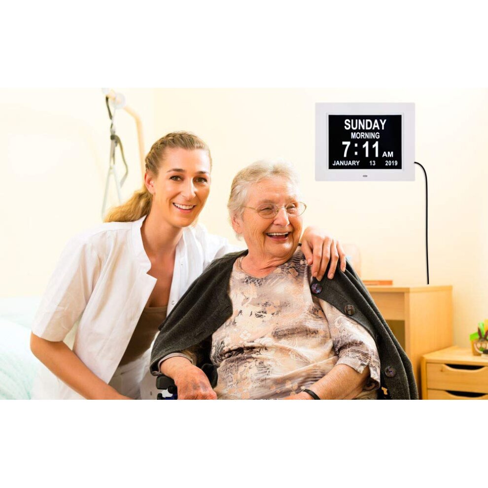 (White) LED Digital Day Clock Calendar Dementia Alarm Time Date Month Memory