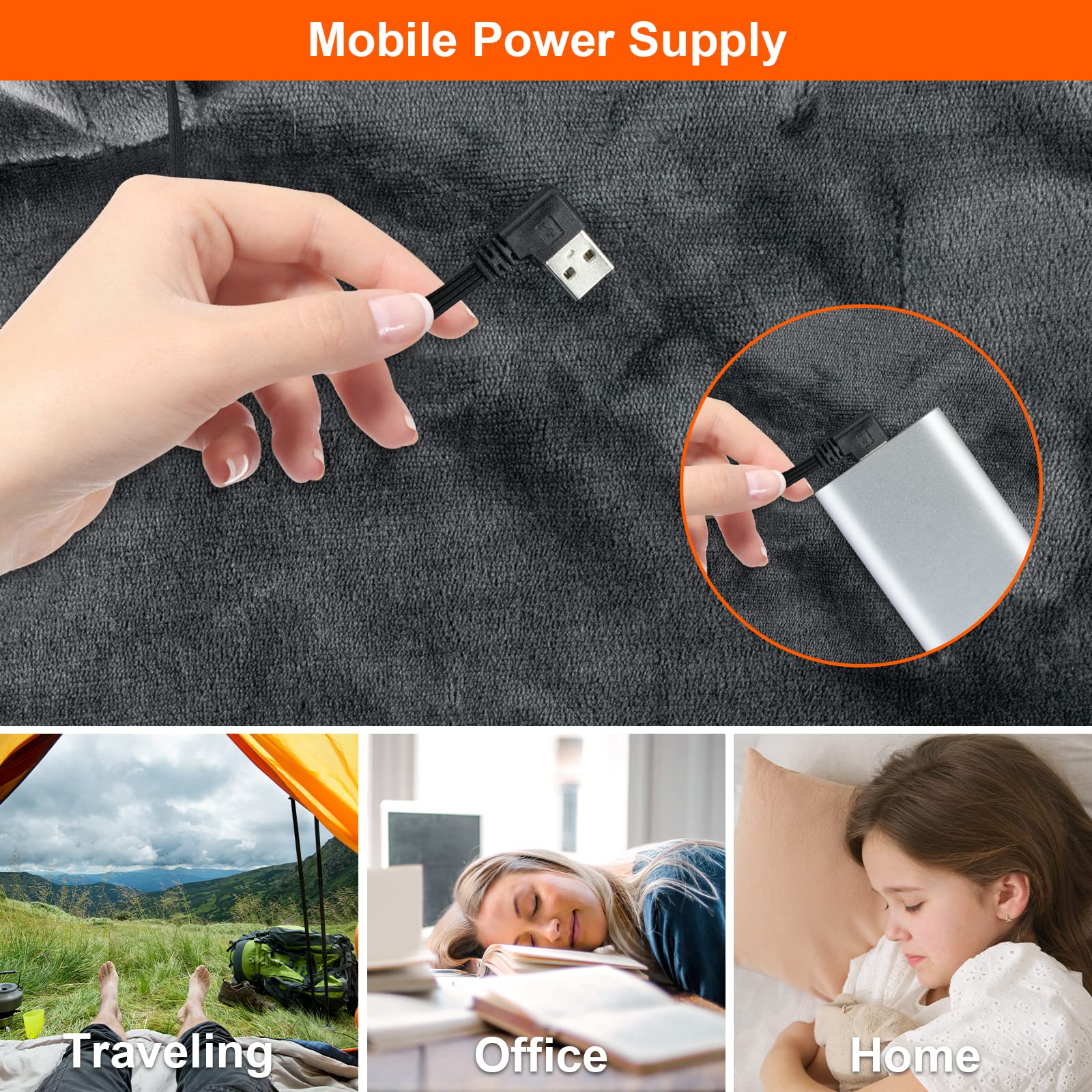 Electric Blanket, USB Heated Shawl Electric Heated Blanket Plush Flannel Blanket with 3 Heat Level Settings for Car Office Home Travel