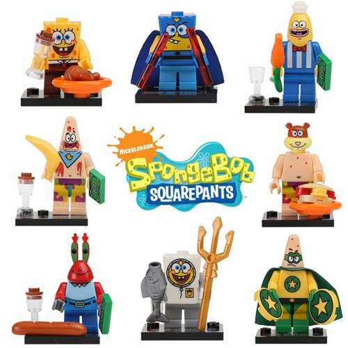 Spongebob Squarepants Minifigures Cartoon Action Figures Set Cake Toppers 8 Pieces Party Supplies Collectible Anime Movie Building Blocks Model Toys Fans Kids Boys Girls Gifts