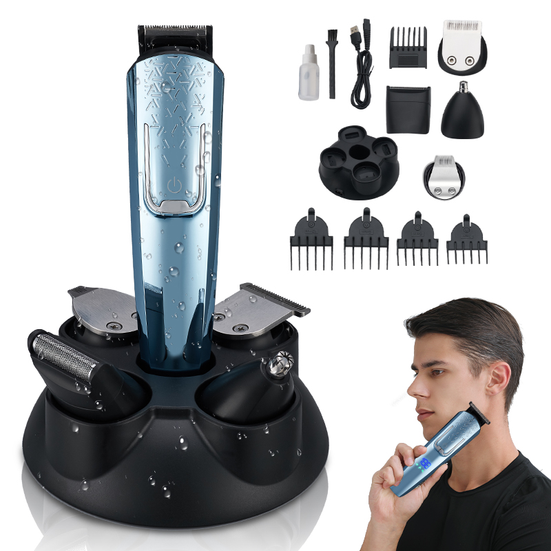 (Blue) Electric Shaver Men Grooming Hair Clipper Kit Beards Face Body Hair Trimmer 5 IN 1 Men Electric Razor Digital Display USB Rechargeable Wet and Dry Use