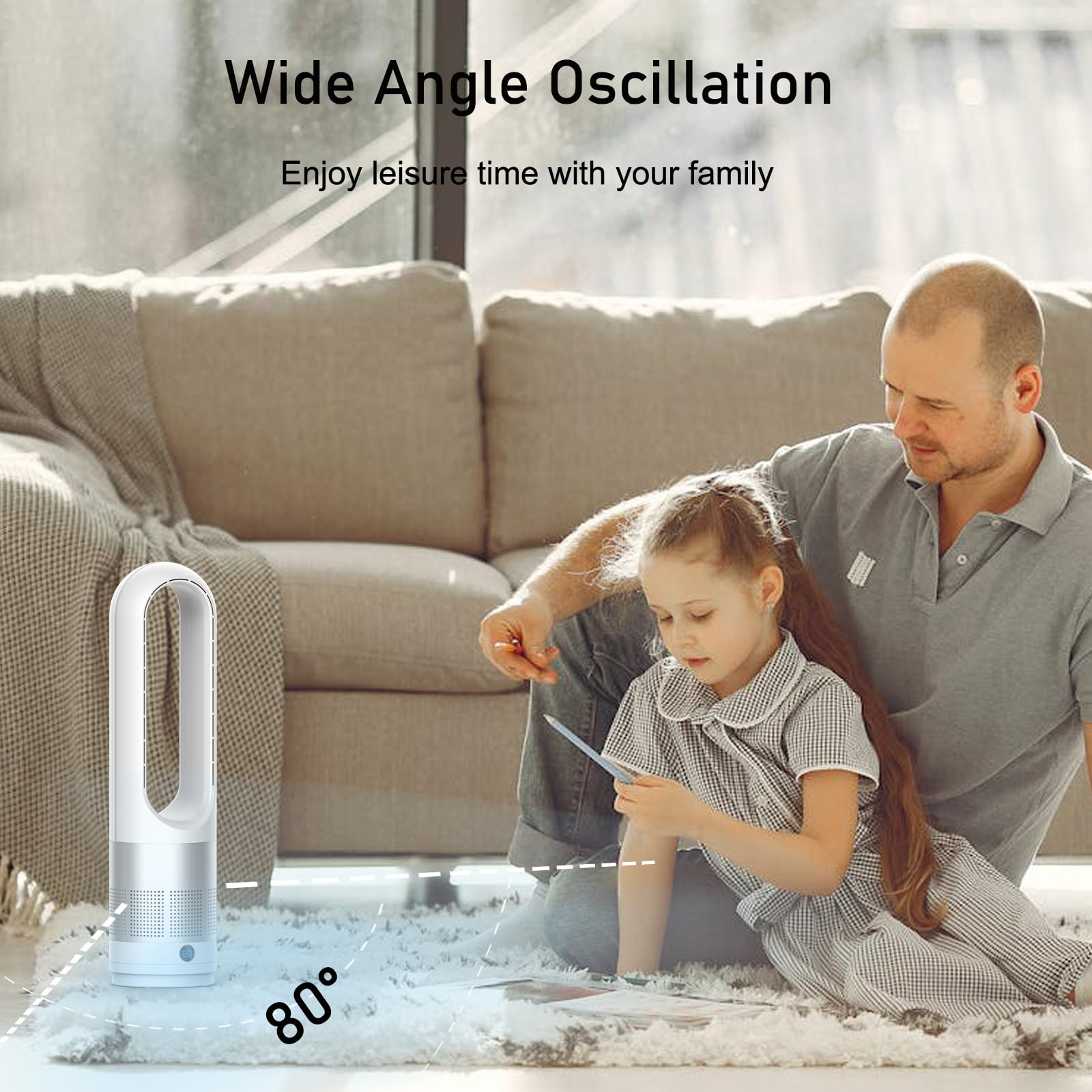 Bladeless Fan Cooler Total 23.62 inch Oscillating Tower Fan with Remote Control 8 Speed Settings 8 Hour Timer Super Quiet Touchable Pedestal Fan for Home Office Bedroom