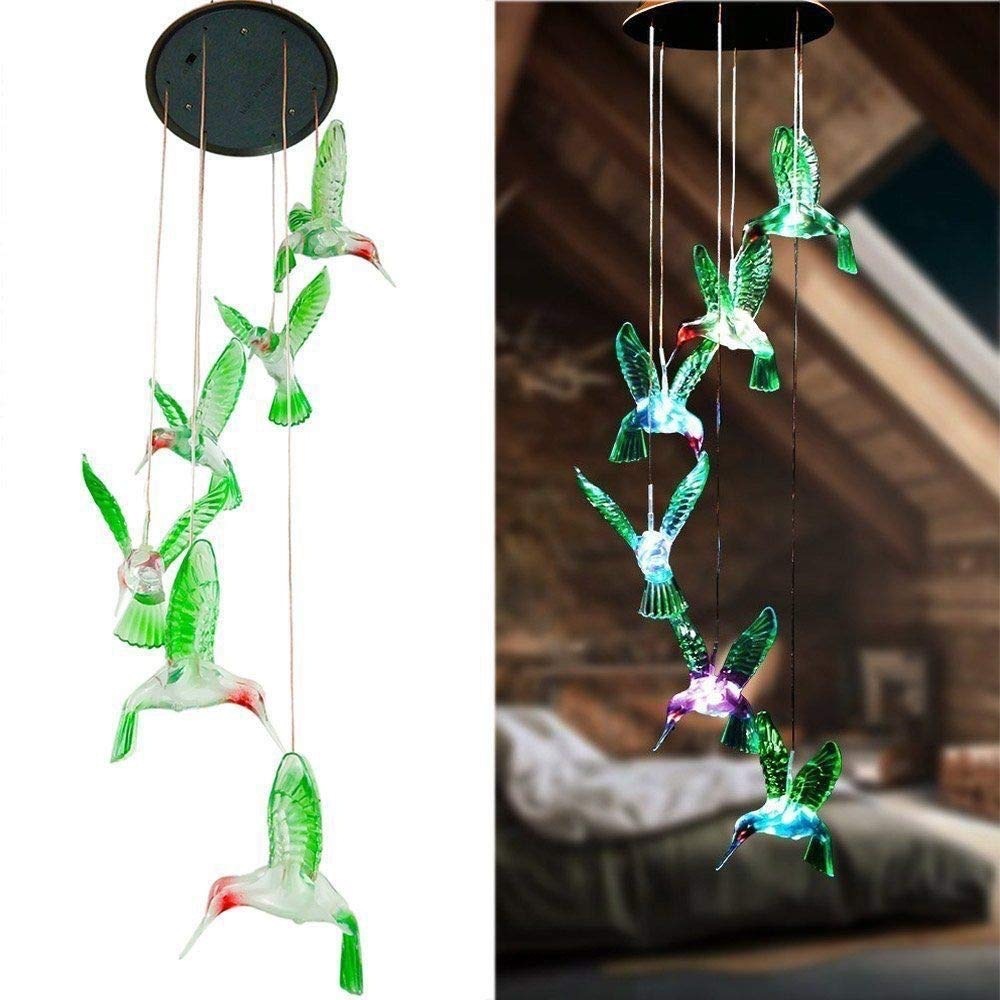 Wind Chimes Color-Changing LED Solar Powered Hummingbird Wind Chime Lights Yard Garden Decor