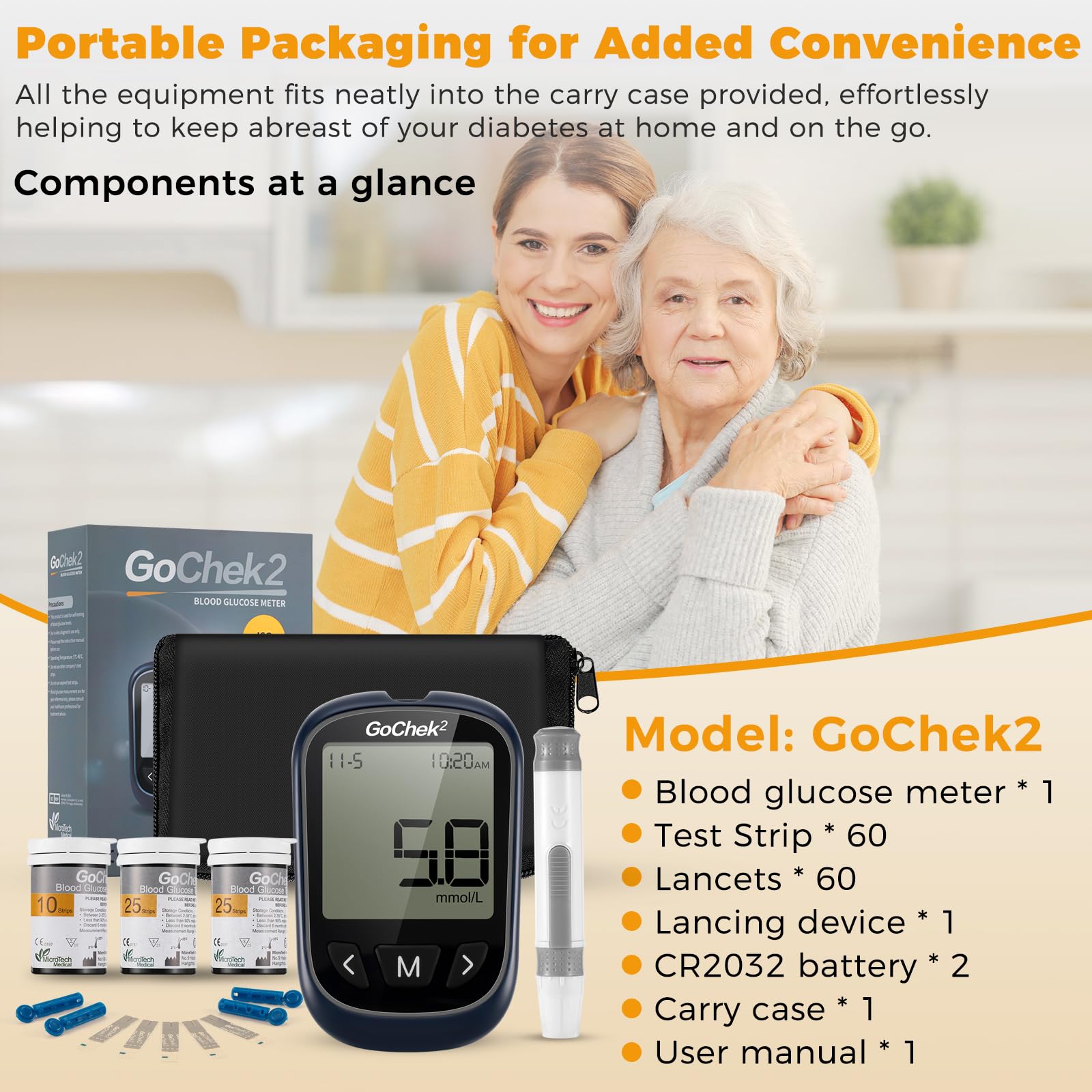 (GoChek2 Glucose Kit X 10) Blood Glucose Monitor Meter Diabetes Test Kit Upgrade with Hypo and Ketone Warning Meal Marker 500 Memories Blood Sugar Tester with 10 Test Strips and 10 Lancets in mmol L