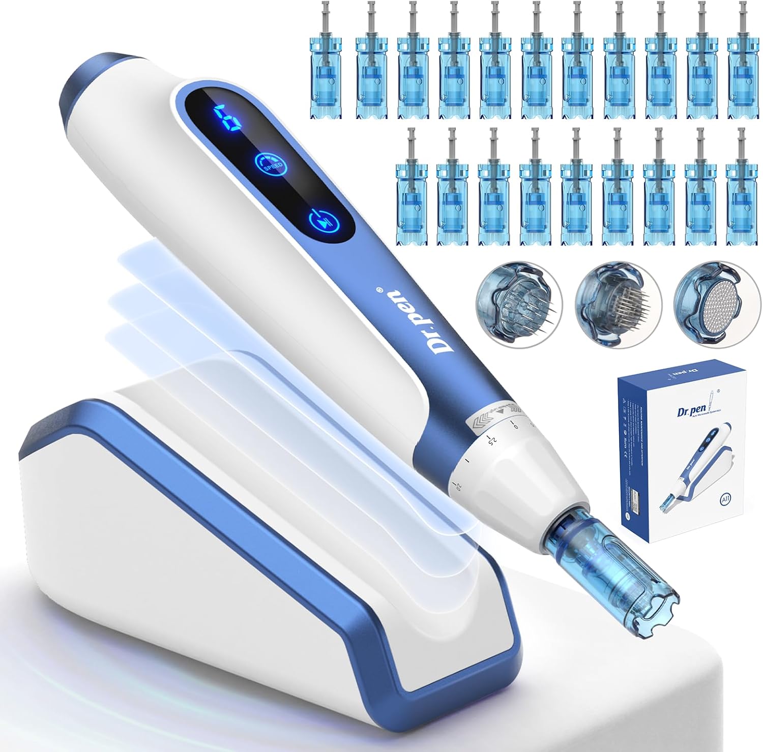 Dr. Pen A11 Professional Wireless Microneedling Pen and Derma Pen 20 Replacement Cartridges Adjustable Micro Needling Derma Machine with Induction Base for Skin Care