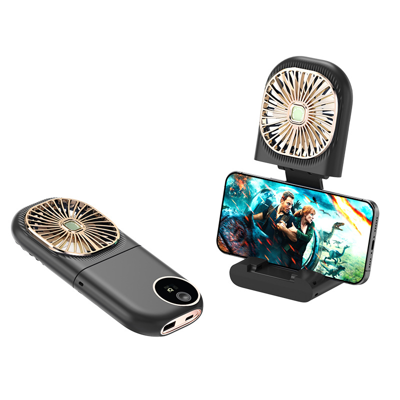 (Black) USB Halterneck Small Fan Outdoor Portable Handheld Fan Power Bank Ultra-quiet Slim Folding Mini Desktop Fan