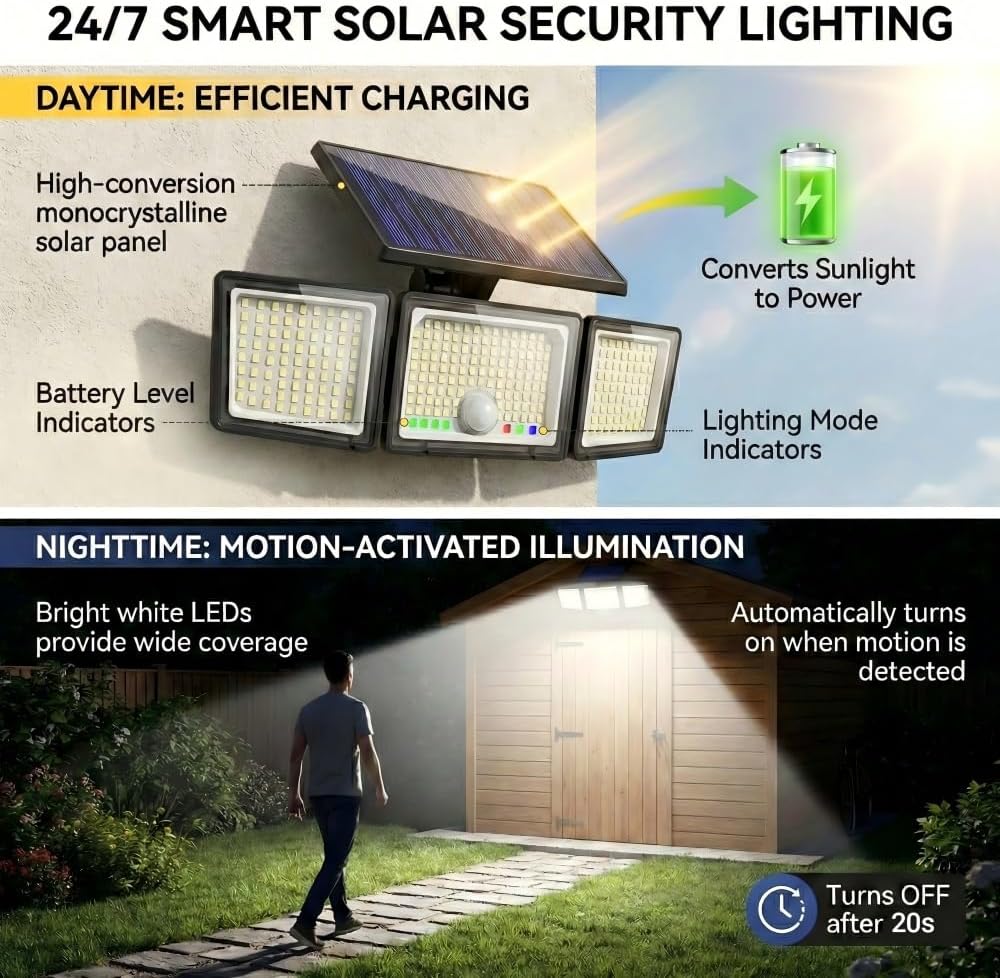 Solar Lights Outdoor Upgraded 286 LED Motion Sensor Security Light with Wide Lighting Angle Easy to Install IP65 Waterproof Durable Solar Powered Flood Lights 