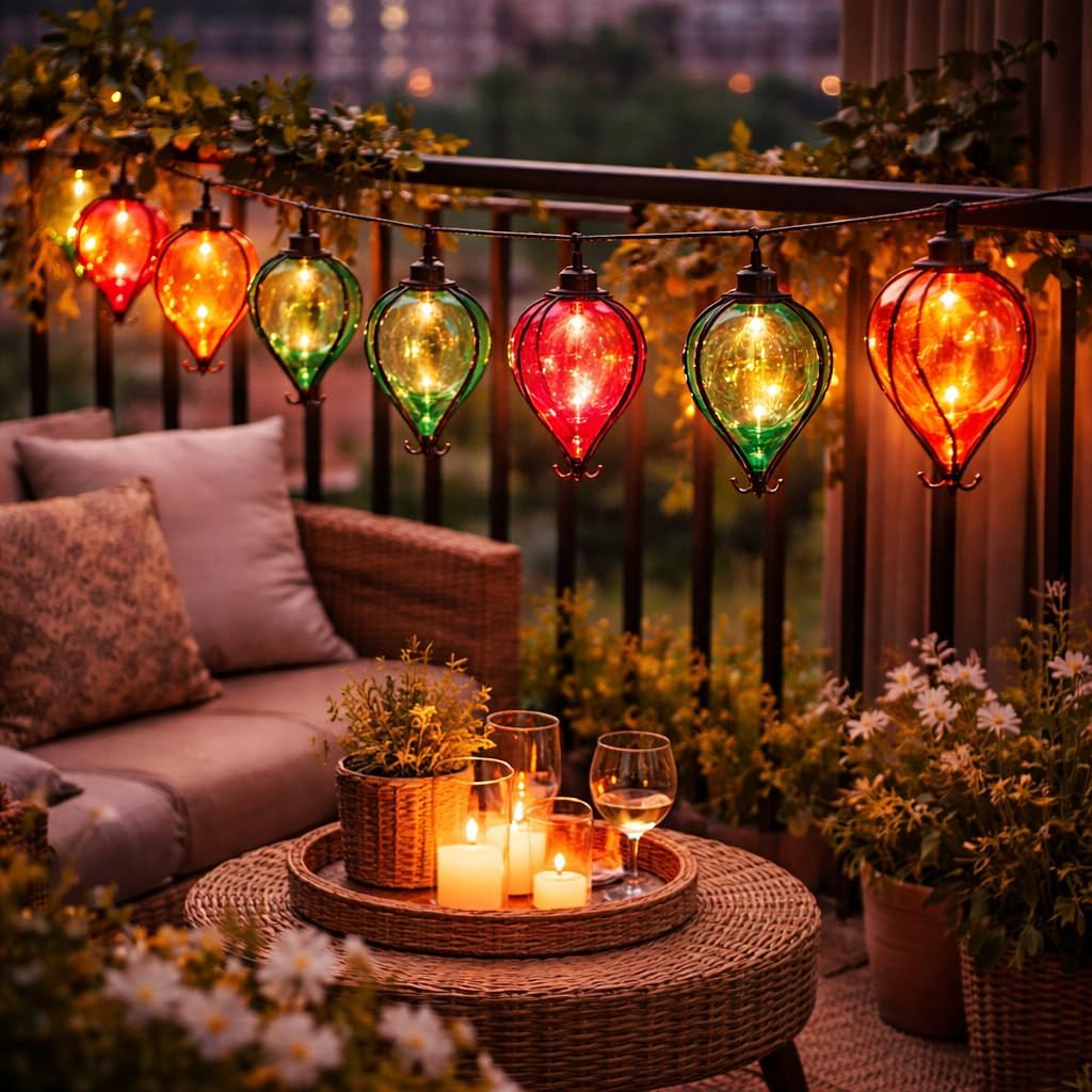 2.7m Multi Coloured Solar Power Balloon String Lights 2 Display Modes 10 Warm White LED Bulbs Outdoor Decorative Feature IP44 Rated Hanging Garden Lighting 2m 