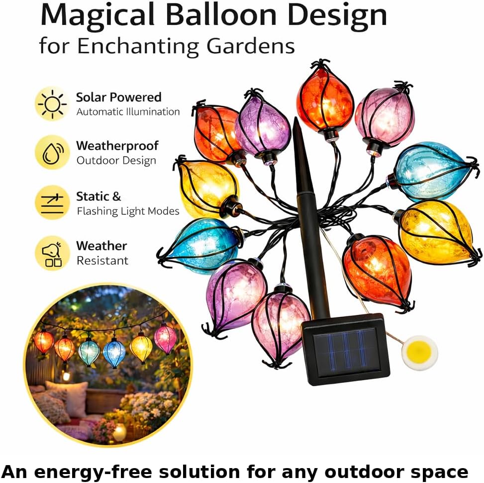2.7m Multi Coloured Solar Power Balloon String Lights 2 Display Modes 10 Warm White LED Bulbs Outdoor Decorative Feature IP44 Rated Hanging Garden Lighting 2m 