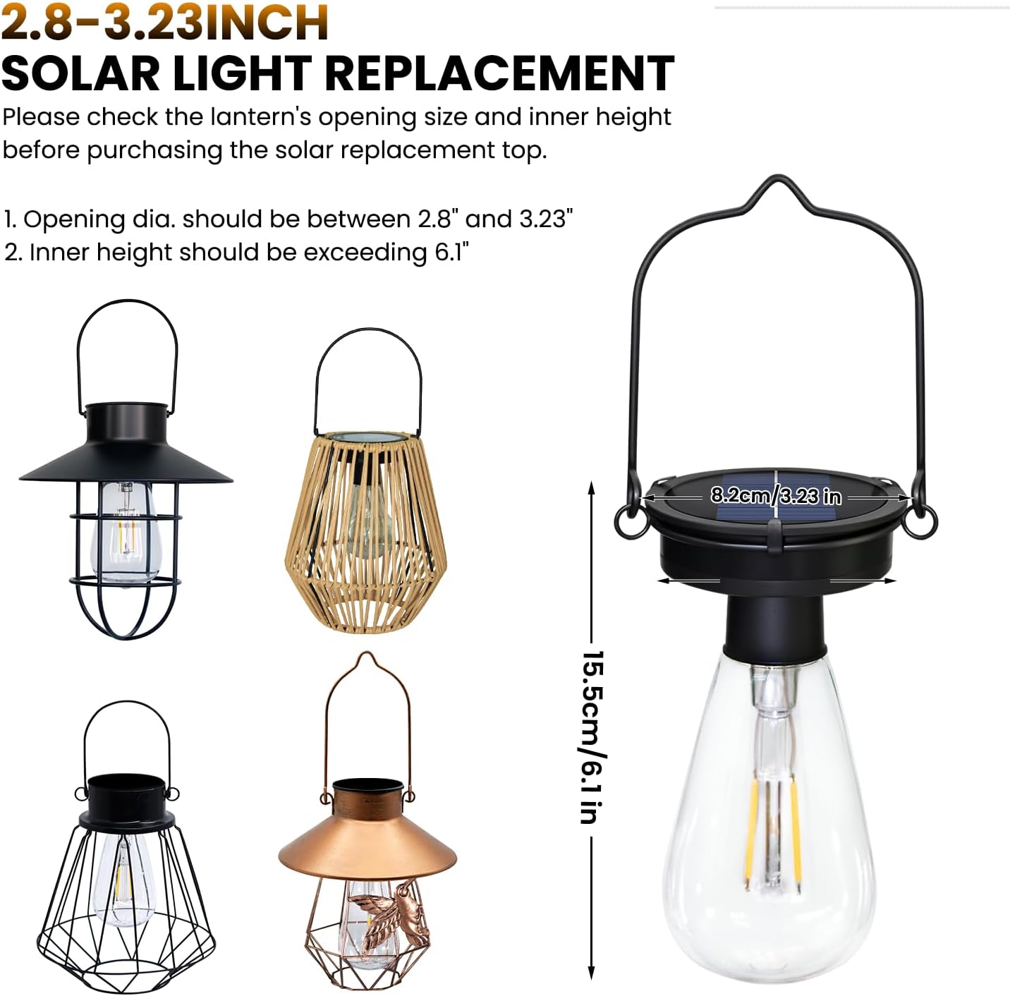 2 Pack Replacement Solar Panels for Garden Lights 8.2cm 3.23in Hanging Lights Replacement Top Part with Bulb Waterproof Solar Lantern Accessories Tools for DIY