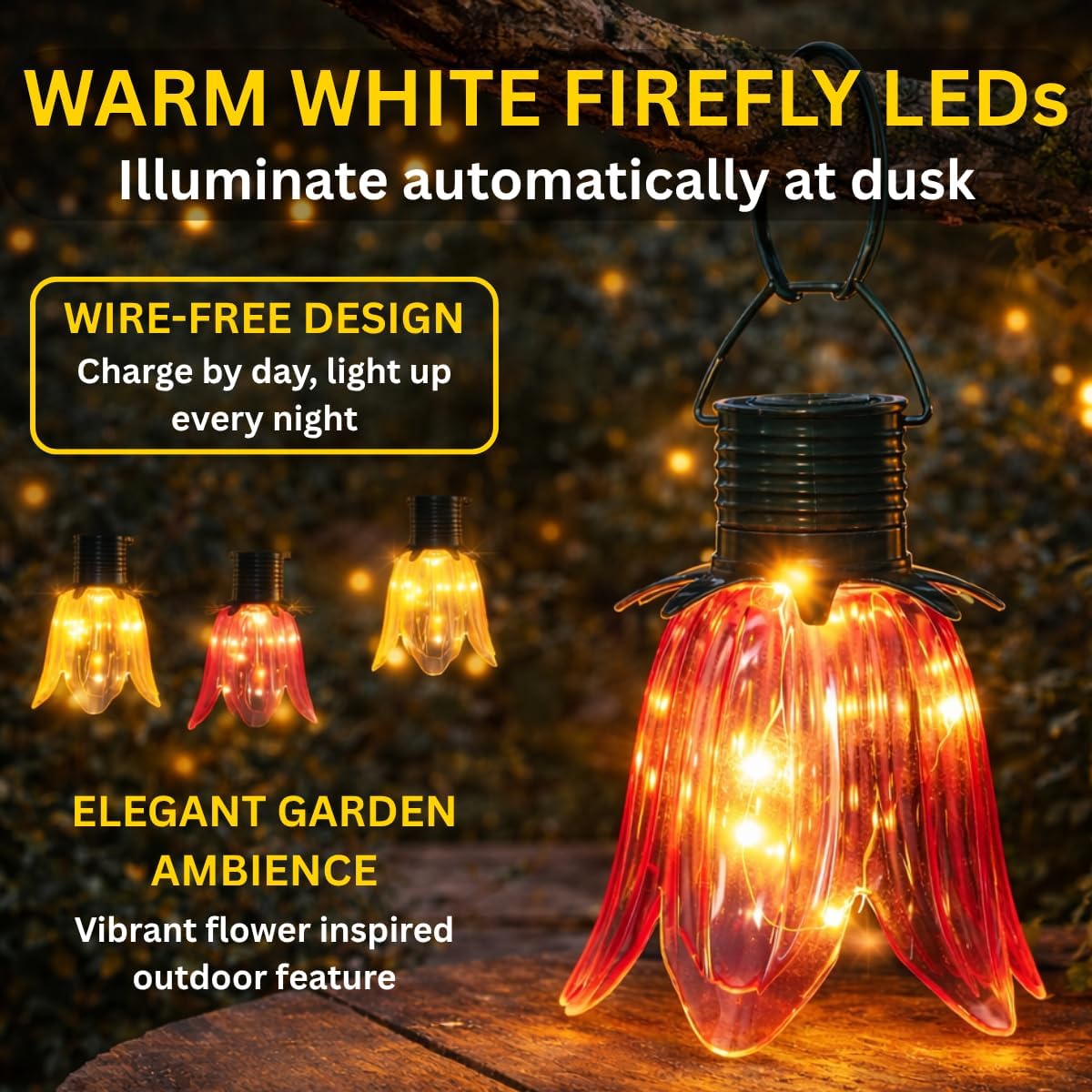 (strawberry) Set of 4 Solar Tulip Hanging Lanterns 18.5cm Pink Yellow Flower Lights Warm White Firefly LEDs Outdoor Garden Ornament Tabletop Decoration IP44 Waterproof