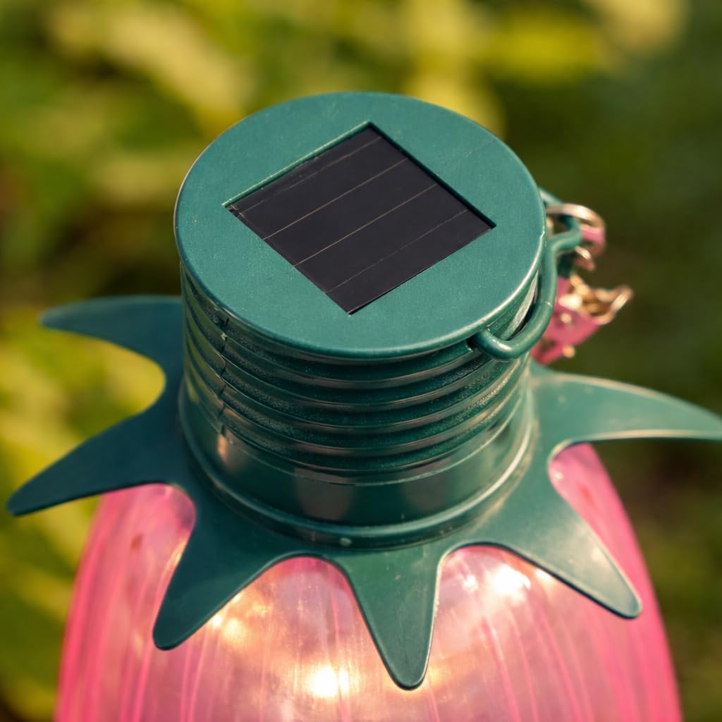 (strawberry) Set of 4 Solar Tulip Hanging Lanterns 18.5cm Pink Yellow Flower Lights Warm White Firefly LEDs Outdoor Garden Ornament Tabletop Decoration IP44 Waterproof