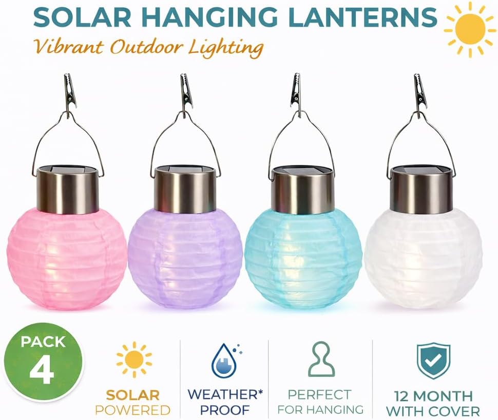 (strawberry) Set of 4 Solar Tulip Hanging Lanterns 18.5cm Pink Yellow Flower Lights Warm White Firefly LEDs Outdoor Garden Ornament Tabletop Decoration IP44 Waterproof
