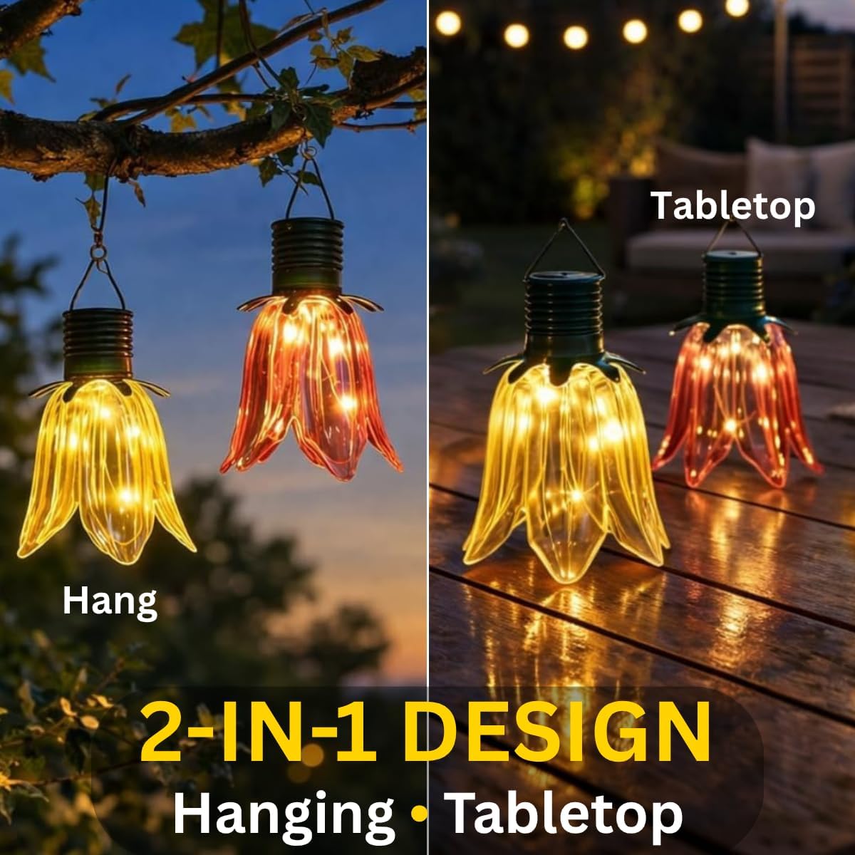 (strawberry) Set of 4 Solar Tulip Hanging Lanterns 18.5cm Pink Yellow Flower Lights Warm White Firefly LEDs Outdoor Garden Ornament Tabletop Decoration IP44 Waterproof