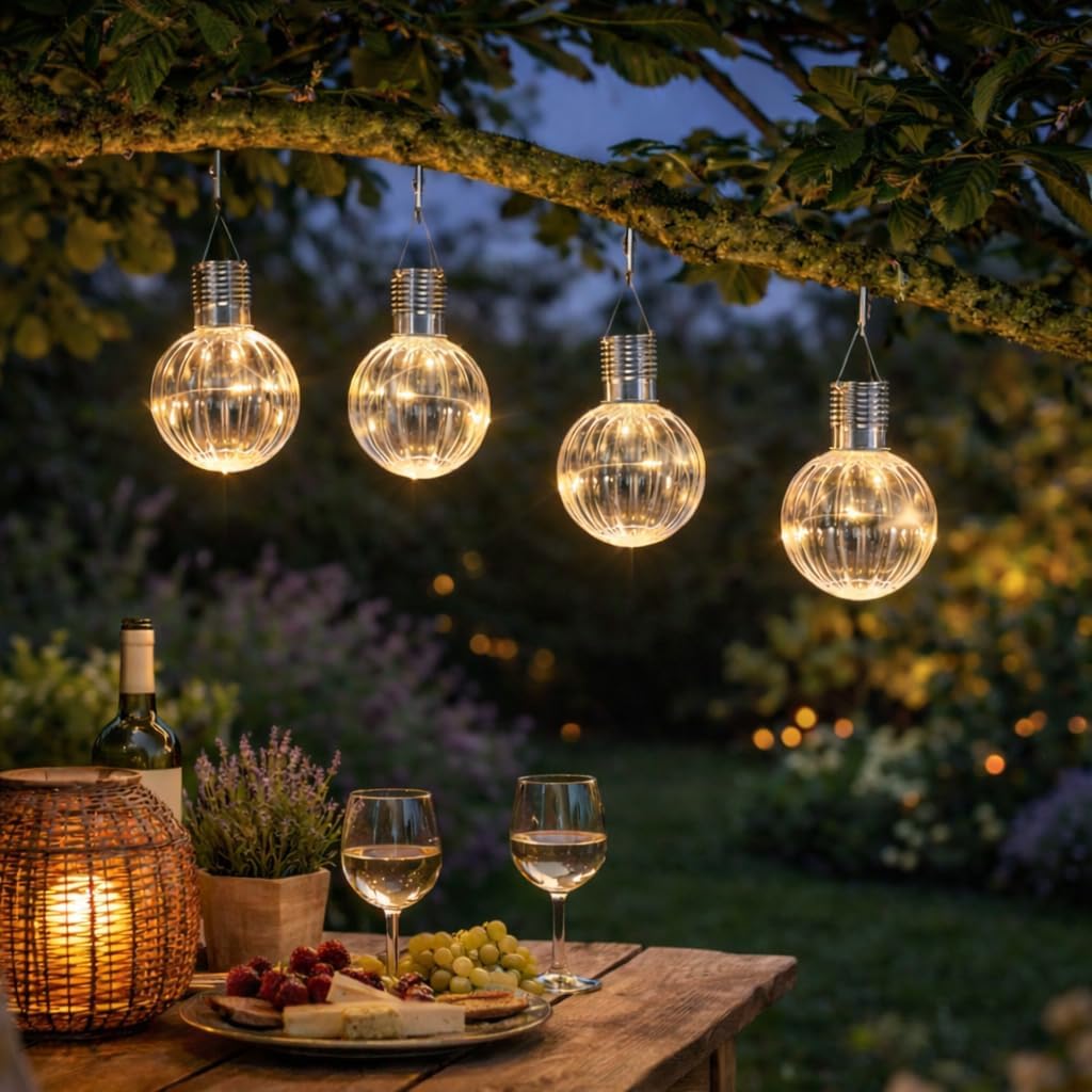 (strawberry) Set of 4 Solar Tulip Hanging Lanterns 18.5cm Pink Yellow Flower Lights Warm White Firefly LEDs Outdoor Garden Ornament Tabletop Decoration IP44 Waterproof