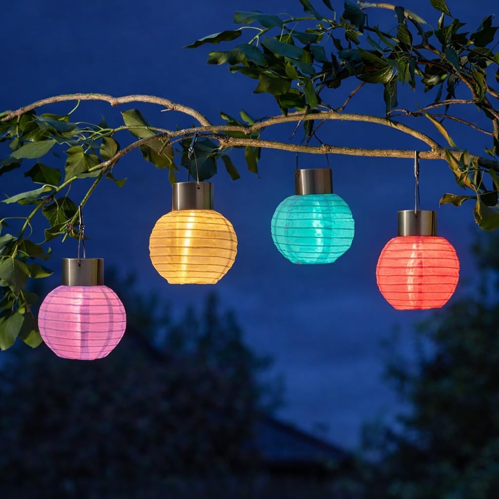 (strawberry) Set of 4 Solar Tulip Hanging Lanterns 18.5cm Pink Yellow Flower Lights Warm White Firefly LEDs Outdoor Garden Ornament Tabletop Decoration IP44 Waterproof