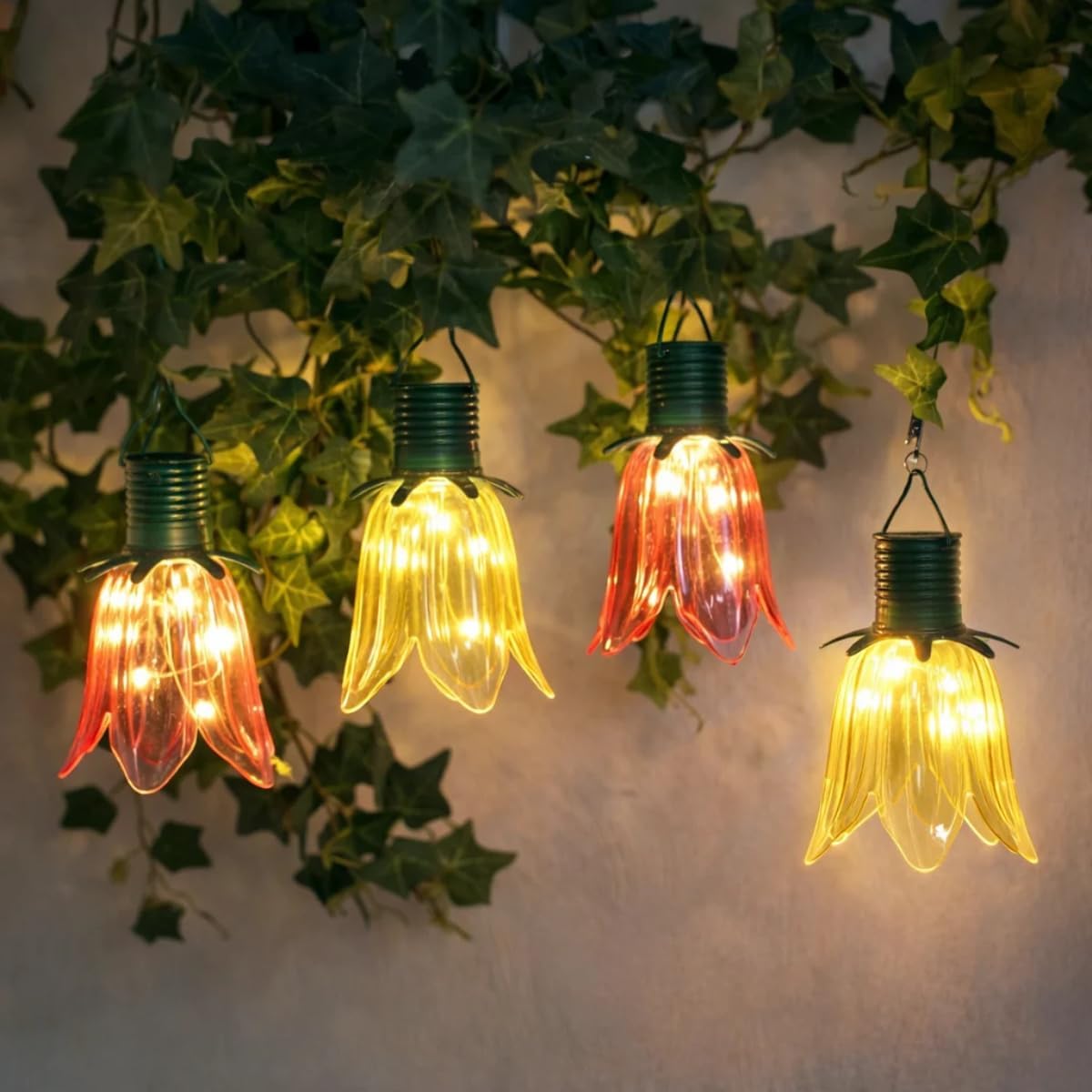 (strawberry) Set of 4 Solar Tulip Hanging Lanterns 18.5cm Pink Yellow Flower Lights Warm White Firefly LEDs Outdoor Garden Ornament Tabletop Decoration IP44 Waterproof