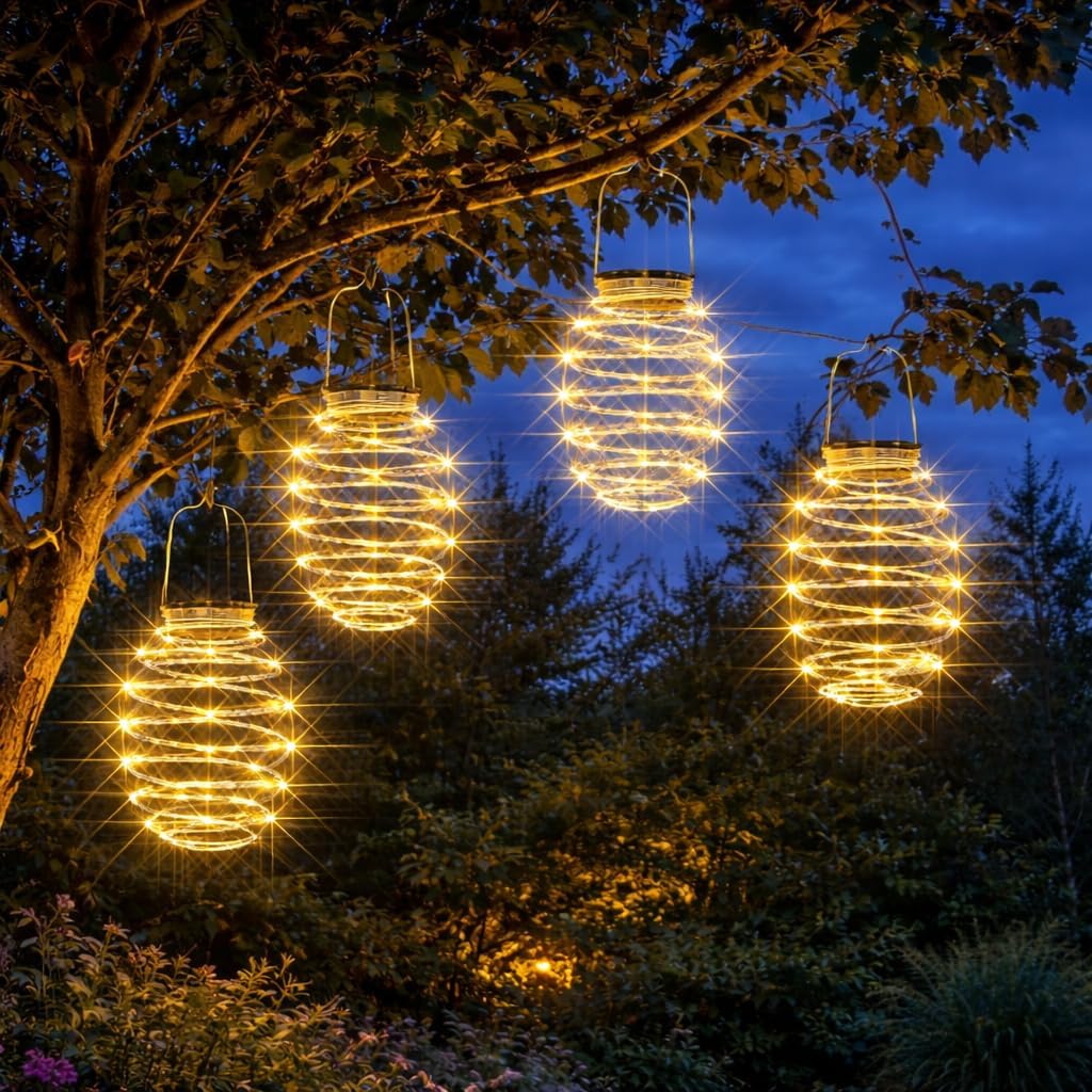 (strawberry) Set of 4 Solar Tulip Hanging Lanterns 18.5cm Pink Yellow Flower Lights Warm White Firefly LEDs Outdoor Garden Ornament Tabletop Decoration IP44 Waterproof