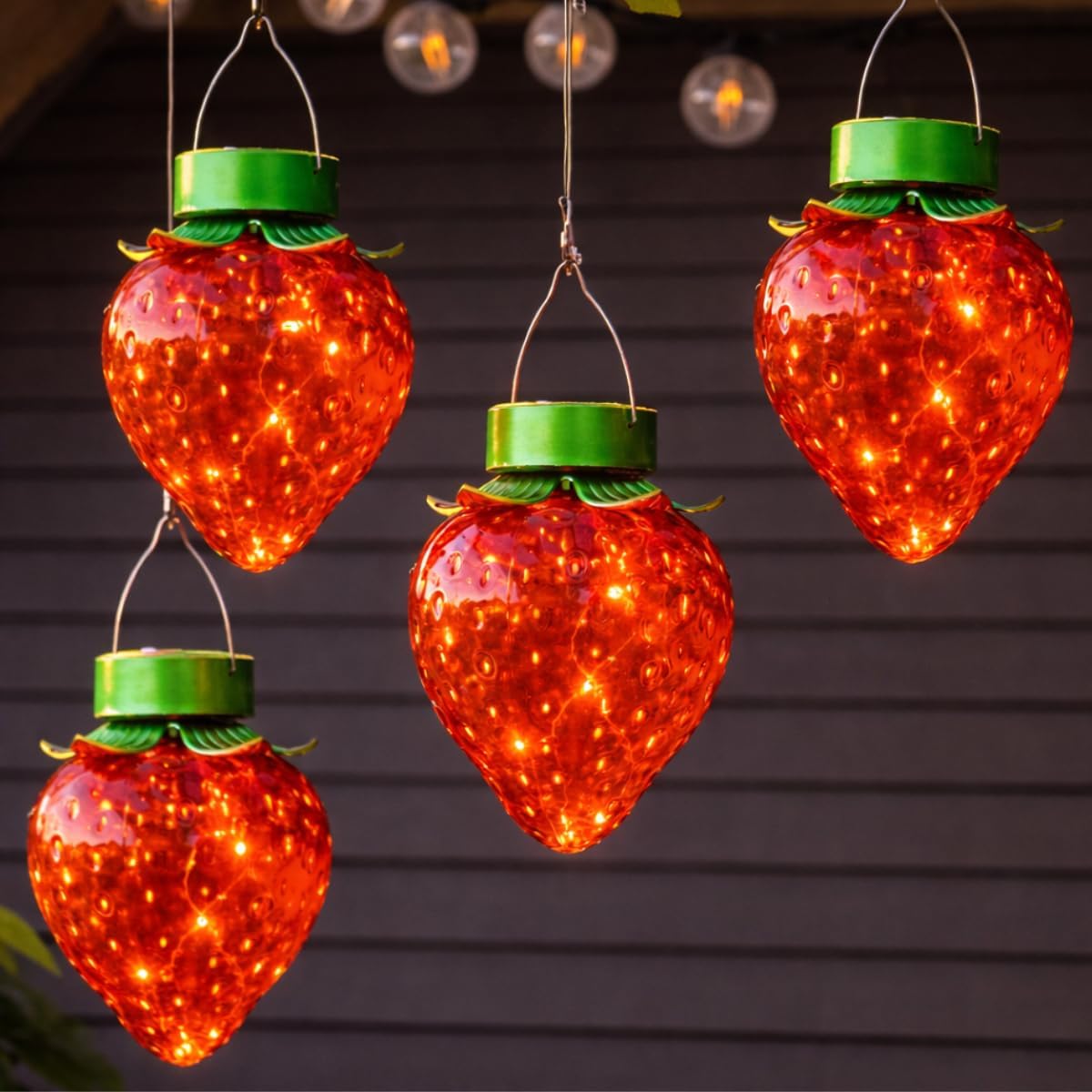 (strawberry) Set of 4 Solar Tulip Hanging Lanterns 18.5cm Pink Yellow Flower Lights Warm White Firefly LEDs Outdoor Garden Ornament Tabletop Decoration IP44 Waterproof