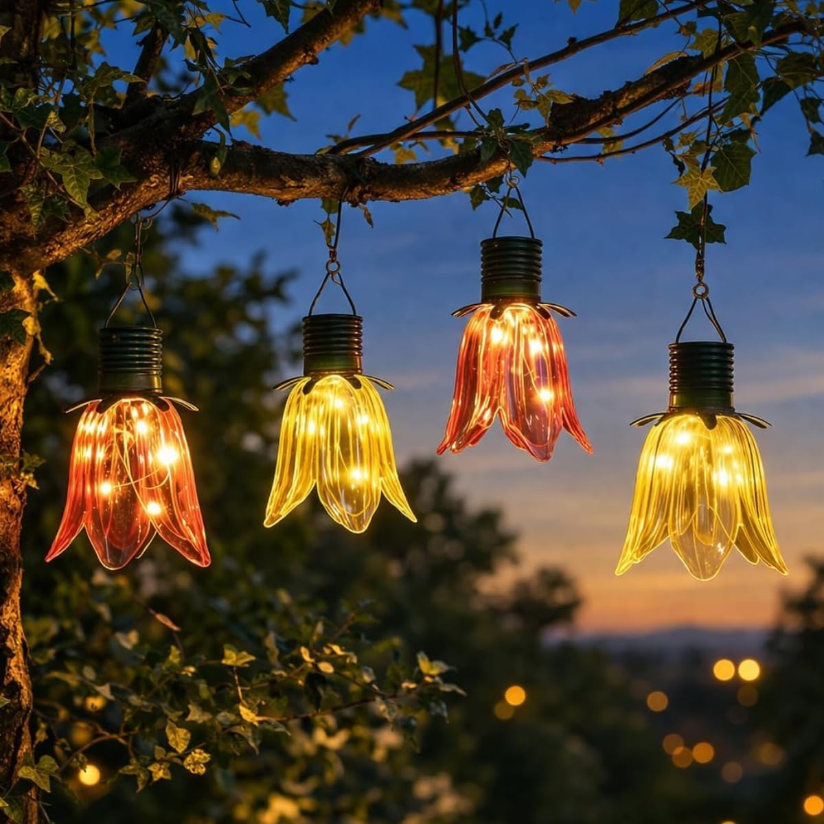 (strawberry) Set of 4 Solar Tulip Hanging Lanterns 18.5cm Pink Yellow Flower Lights Warm White Firefly LEDs Outdoor Garden Ornament Tabletop Decoration IP44 Waterproof