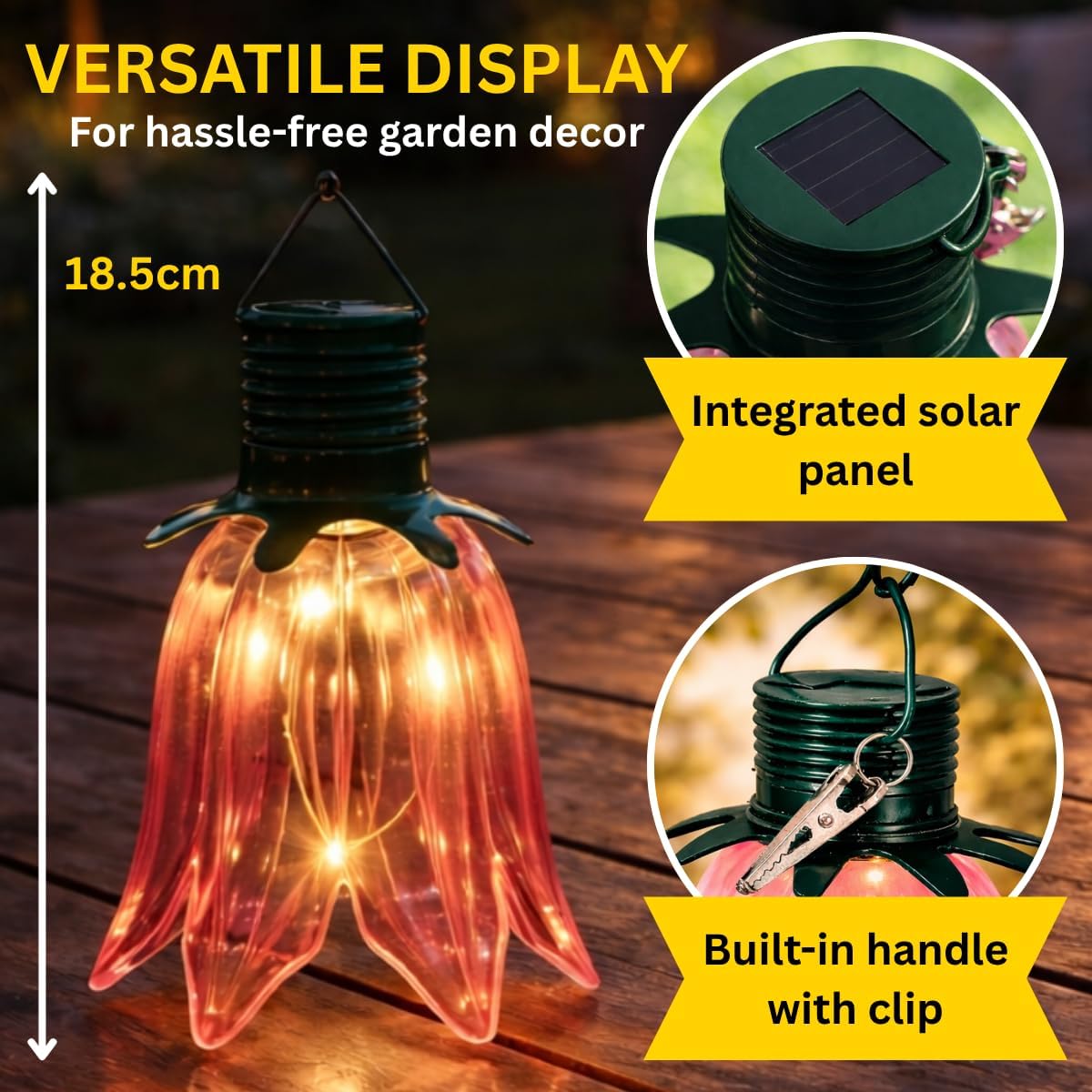 (strawberry) Set of 4 Solar Tulip Hanging Lanterns 18.5cm Pink Yellow Flower Lights Warm White Firefly LEDs Outdoor Garden Ornament Tabletop Decoration IP44 Waterproof