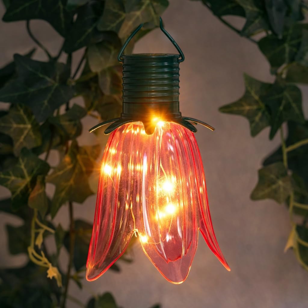 (strawberry) Set of 4 Solar Tulip Hanging Lanterns 18.5cm Pink Yellow Flower Lights Warm White Firefly LEDs Outdoor Garden Ornament Tabletop Decoration IP44 Waterproof