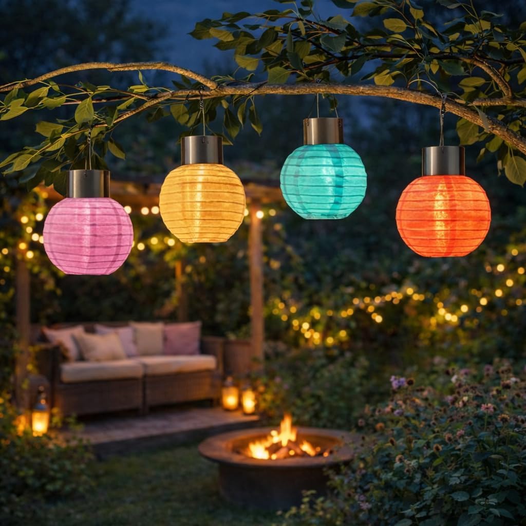 (strawberry) Set of 4 Solar Tulip Hanging Lanterns 18.5cm Pink Yellow Flower Lights Warm White Firefly LEDs Outdoor Garden Ornament Tabletop Decoration IP44 Waterproof
