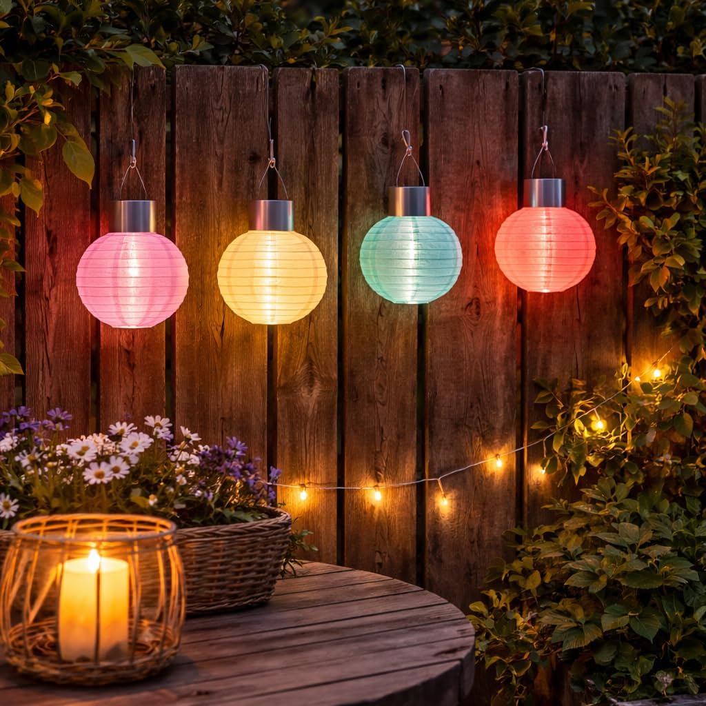 (strawberry) Set of 4 Solar Tulip Hanging Lanterns 18.5cm Pink Yellow Flower Lights Warm White Firefly LEDs Outdoor Garden Ornament Tabletop Decoration IP44 Waterproof