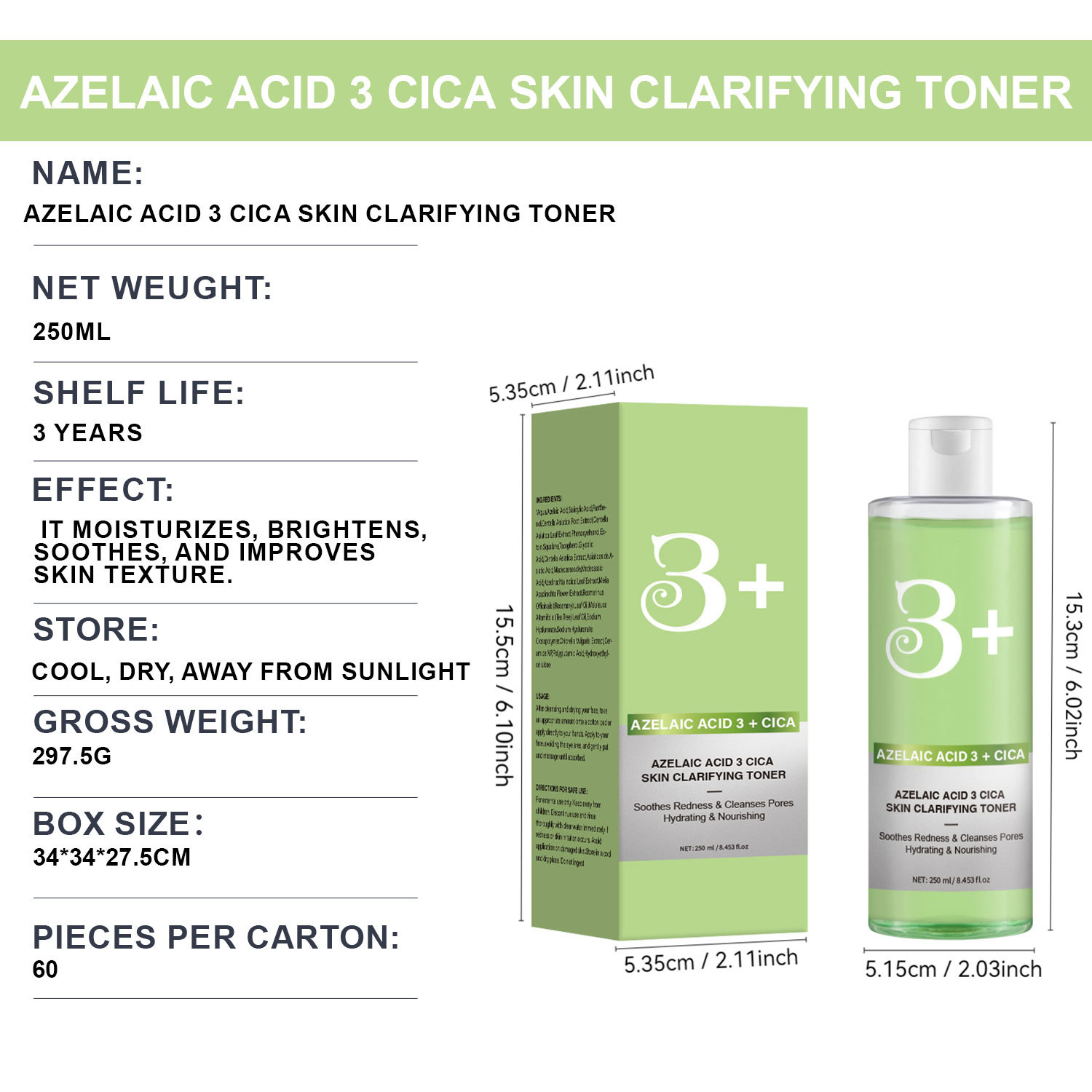 Azelaic Acid Cica Purifying Toner Hydrating Moisturizing Soothing Daily Face Skin Care