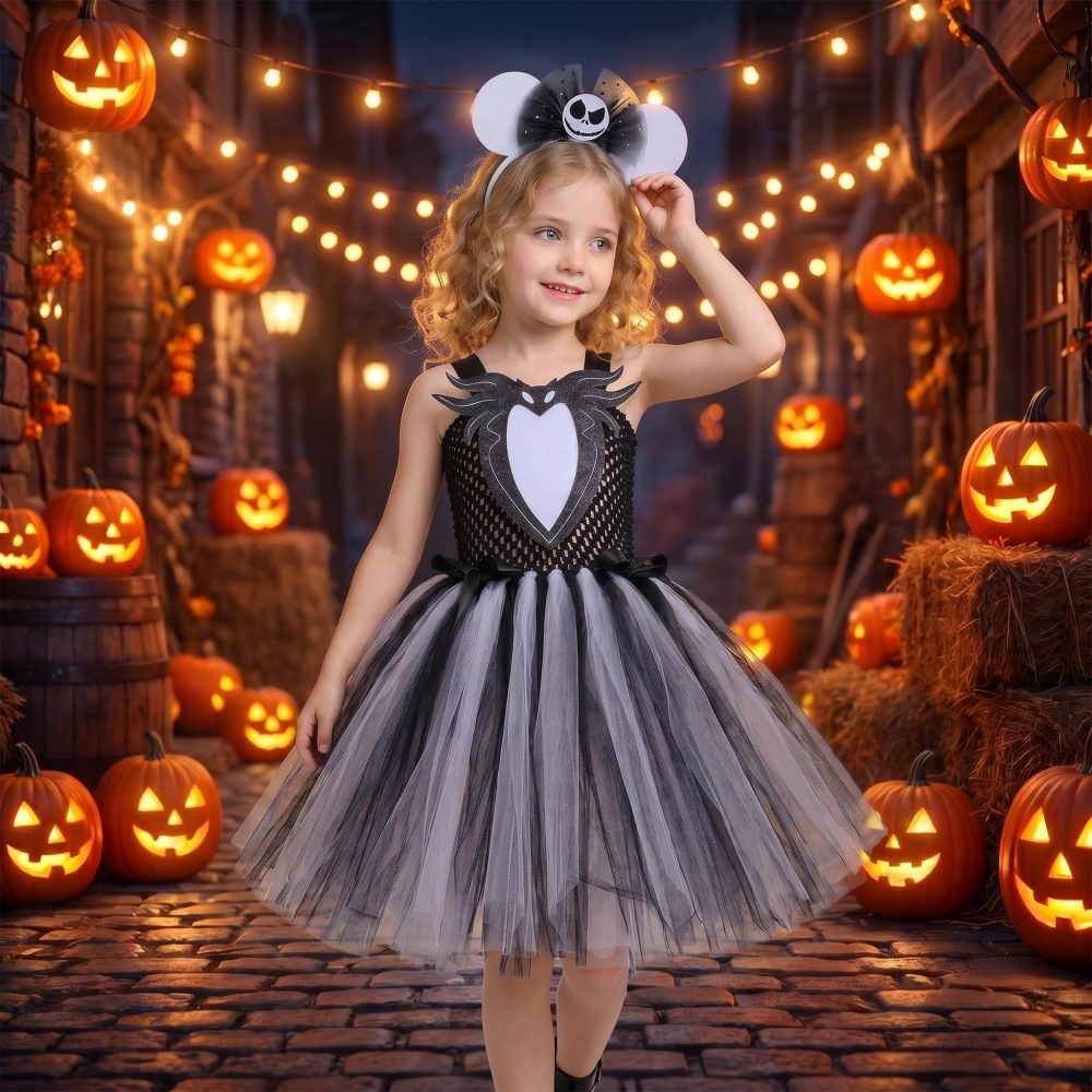 (XL) Childrens Anime Girls Cosplay Skeleton Jack Dress Halloween Costume The Nightmare Before Christmas Tutu Skirt