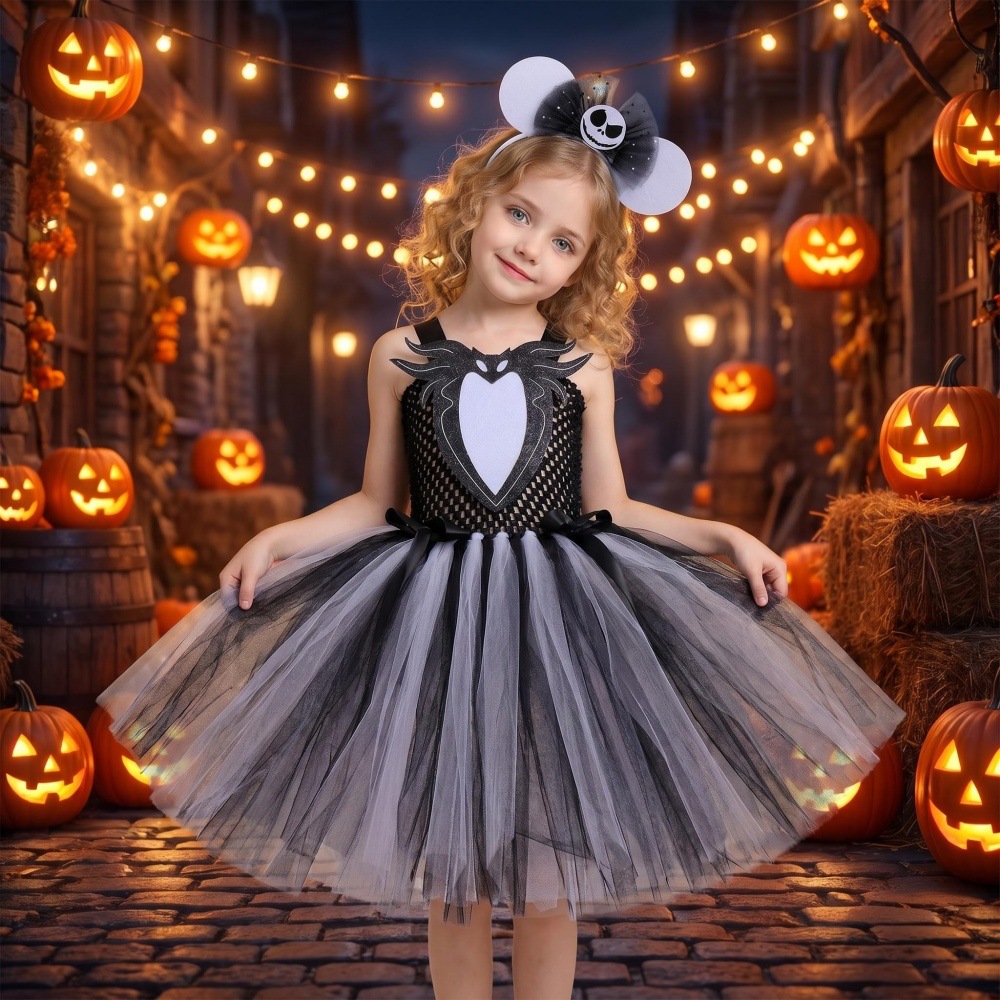 (XL) Childrens Anime Girls Cosplay Skeleton Jack Dress Halloween Costume The Nightmare Before Christmas Tutu Skirt