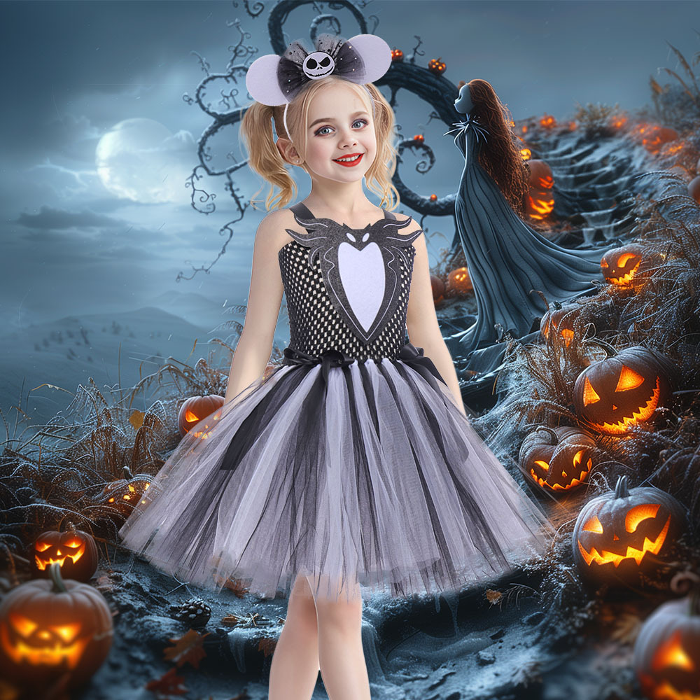 (XL) Childrens Anime Girls Cosplay Skeleton Jack Dress Halloween Costume The Nightmare Before Christmas Tutu Skirt