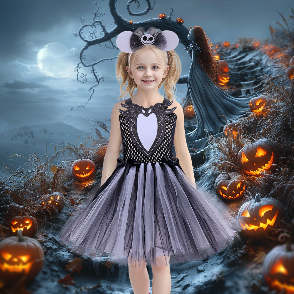 (XL) Childrens Anime Girls Cosplay Skeleton Jack Dress Halloween Costume The Nightmare Before Christmas Tutu Skirt
