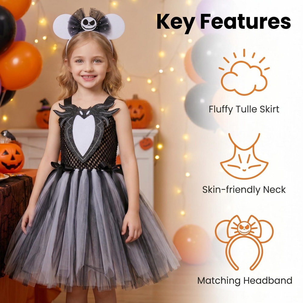 (XL) Childrens Anime Girls Cosplay Skeleton Jack Dress Halloween Costume The Nightmare Before Christmas Tutu Skirt