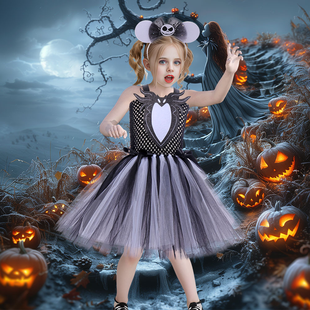 (XL) Childrens Anime Girls Cosplay Skeleton Jack Dress Halloween Costume The Nightmare Before Christmas Tutu Skirt
