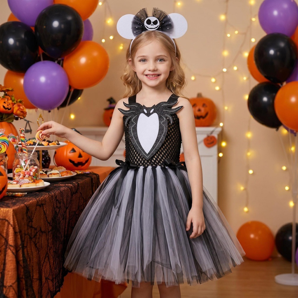 (XL) Childrens Anime Girls Cosplay Skeleton Jack Dress Halloween Costume The Nightmare Before Christmas Tutu Skirt
