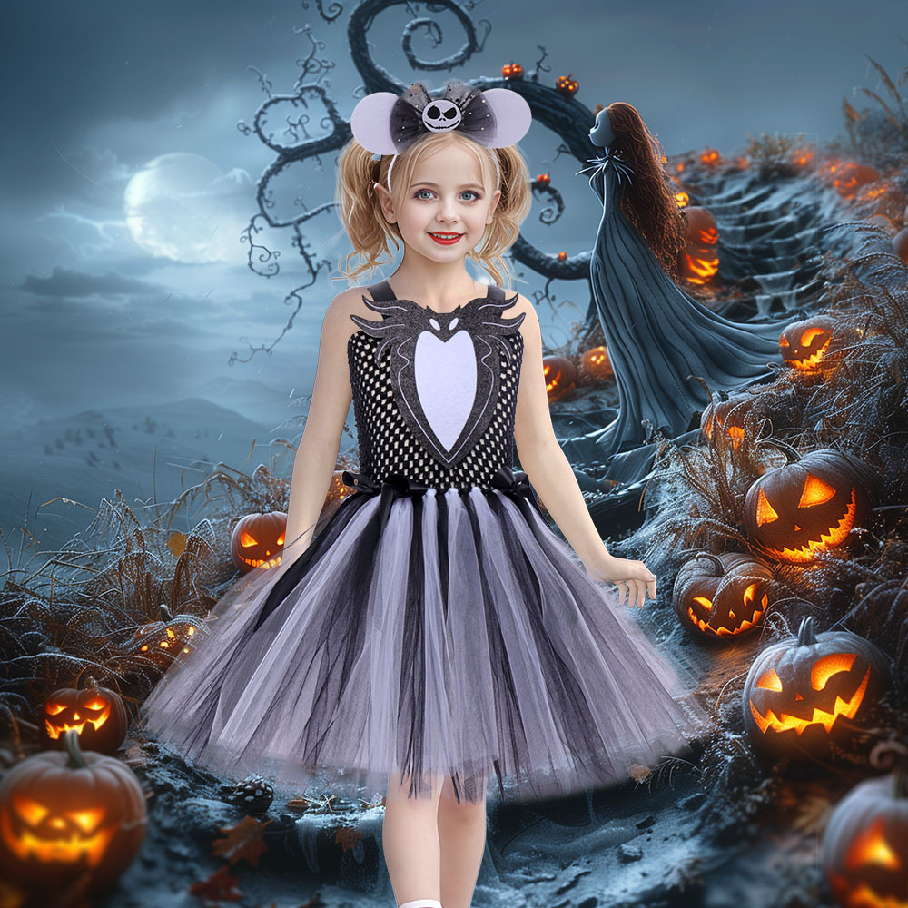 (XL) Childrens Anime Girls Cosplay Skeleton Jack Dress Halloween Costume The Nightmare Before Christmas Tutu Skirt