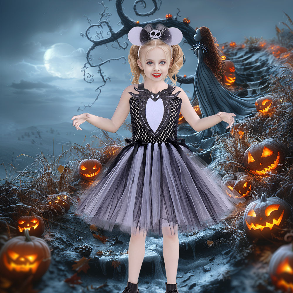 (XL) Childrens Anime Girls Cosplay Skeleton Jack Dress Halloween Costume The Nightmare Before Christmas Tutu Skirt