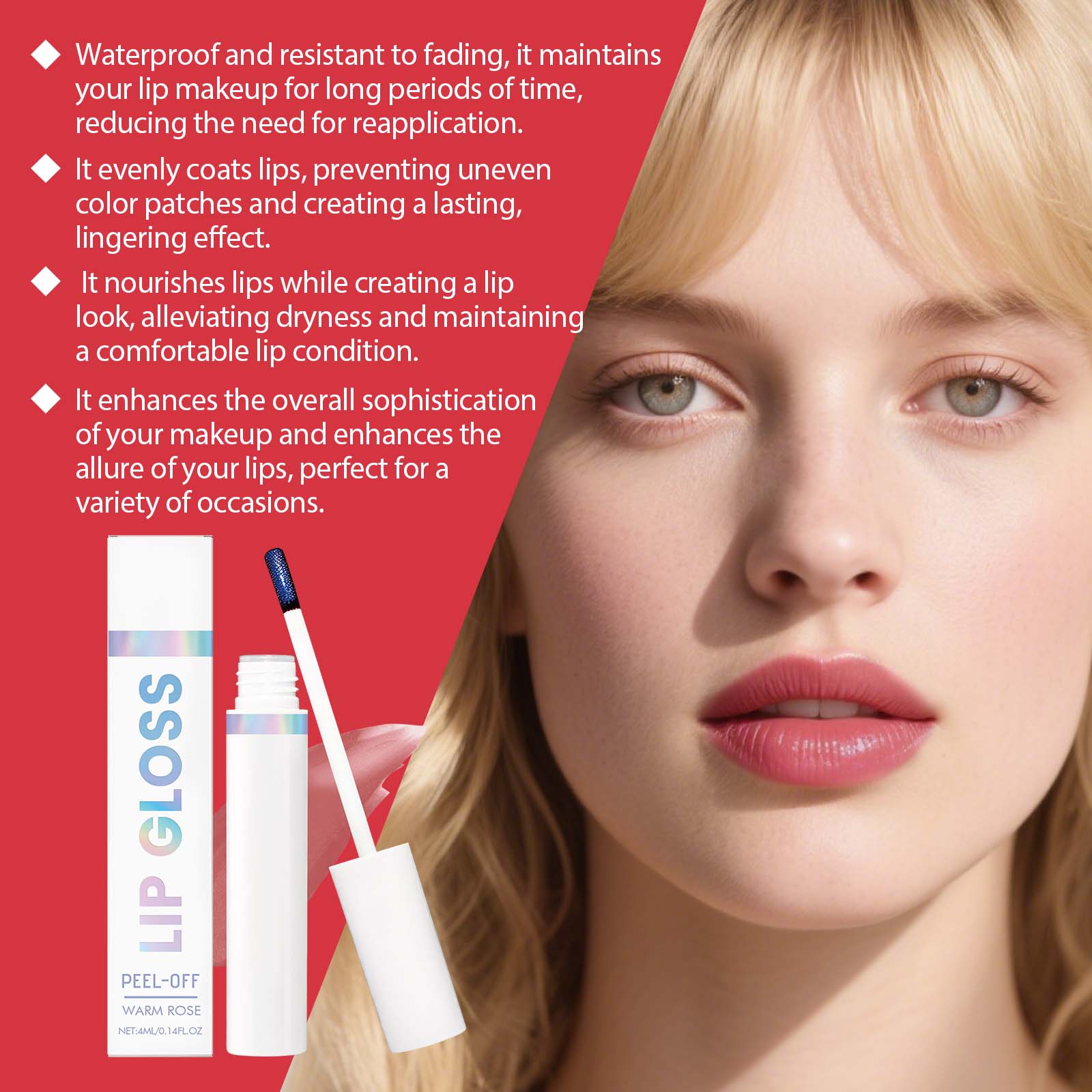 (Warm Rose) Peel Lip Tint Natural Color Render Mild Gloss Lightweight Non Sticky Versatile Portable Daily Lip Makeup
